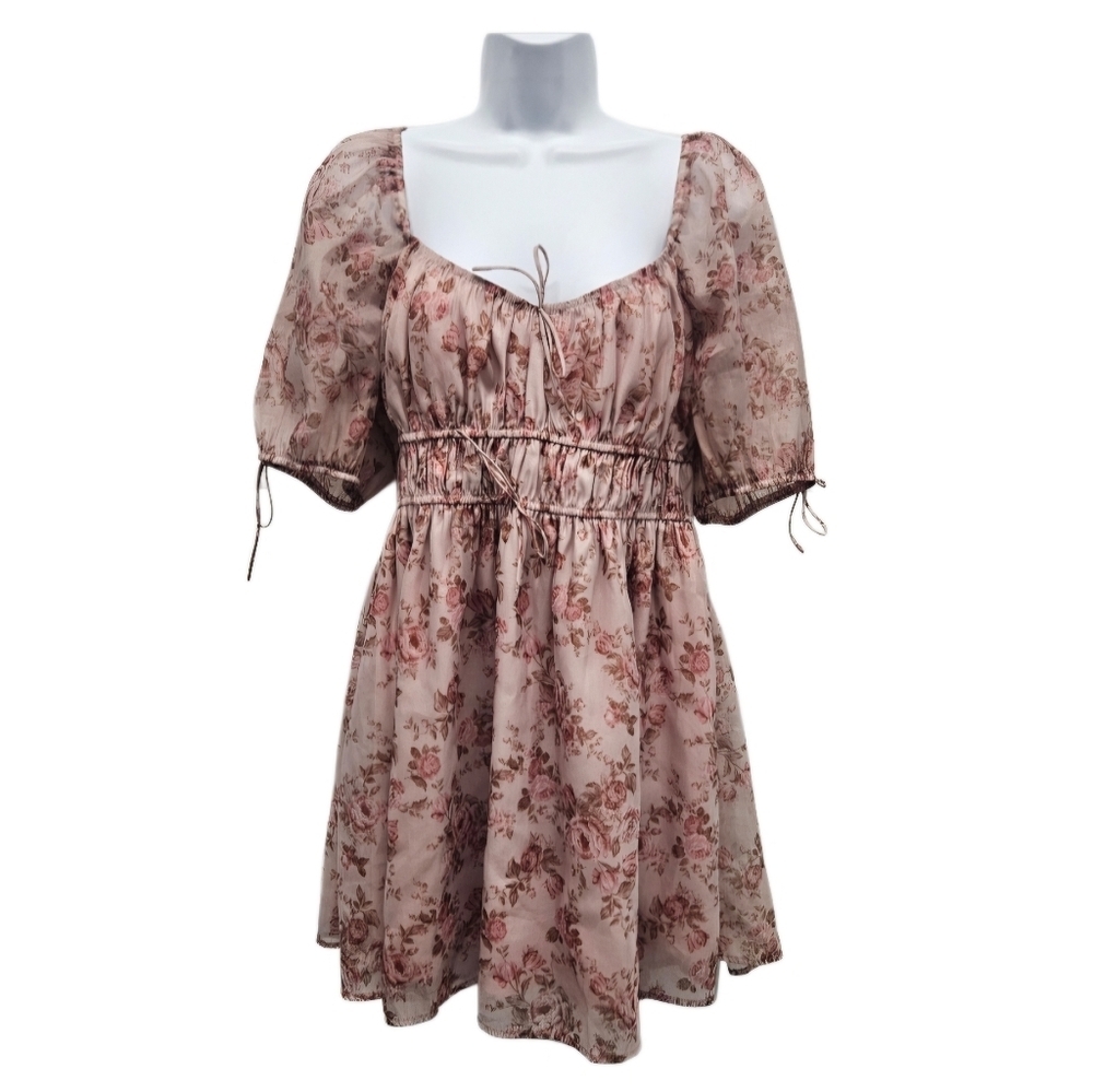 0096 Francesca’s Floral Rose Flowy Mini Dress Blush Pink Tie Sleeve Large Spring